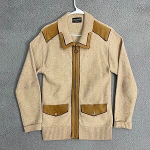 Vintage 60s Challenger Sweater Men S Tan Leather Trim Knit Full Zip